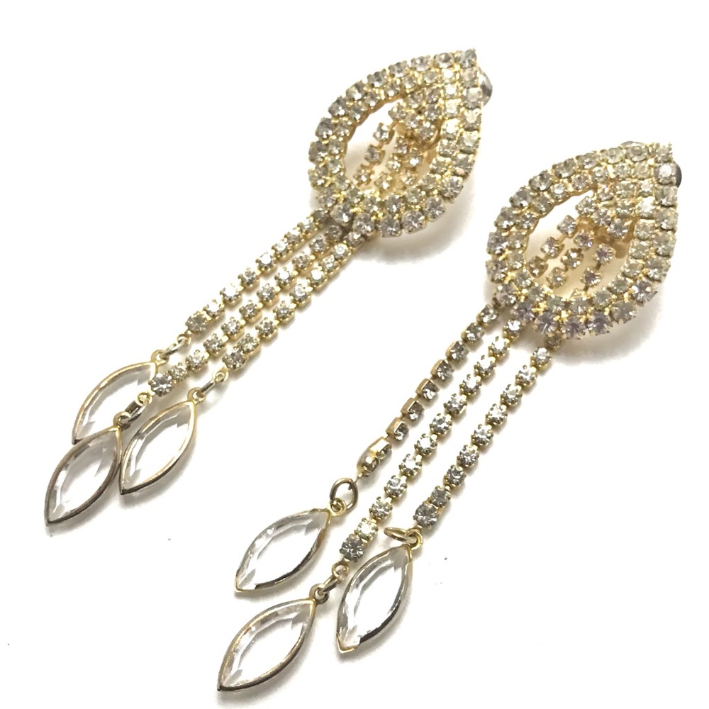 Dazzling Vintage Fringe Rhinestone Earrings Statement Ear Clips Showstoppers